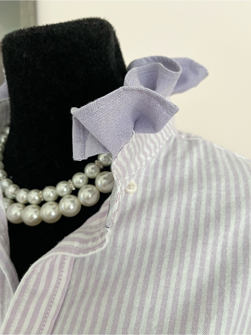 Upcycled GAP Lavender and White Striped Button-Down Shirt Ruffle Collar
